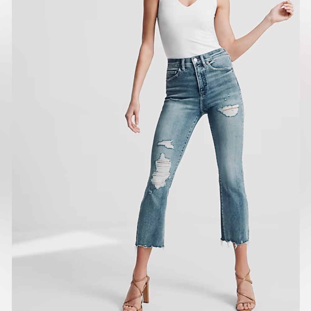 Express High Waisted Ripped Cropped Flare Jeans